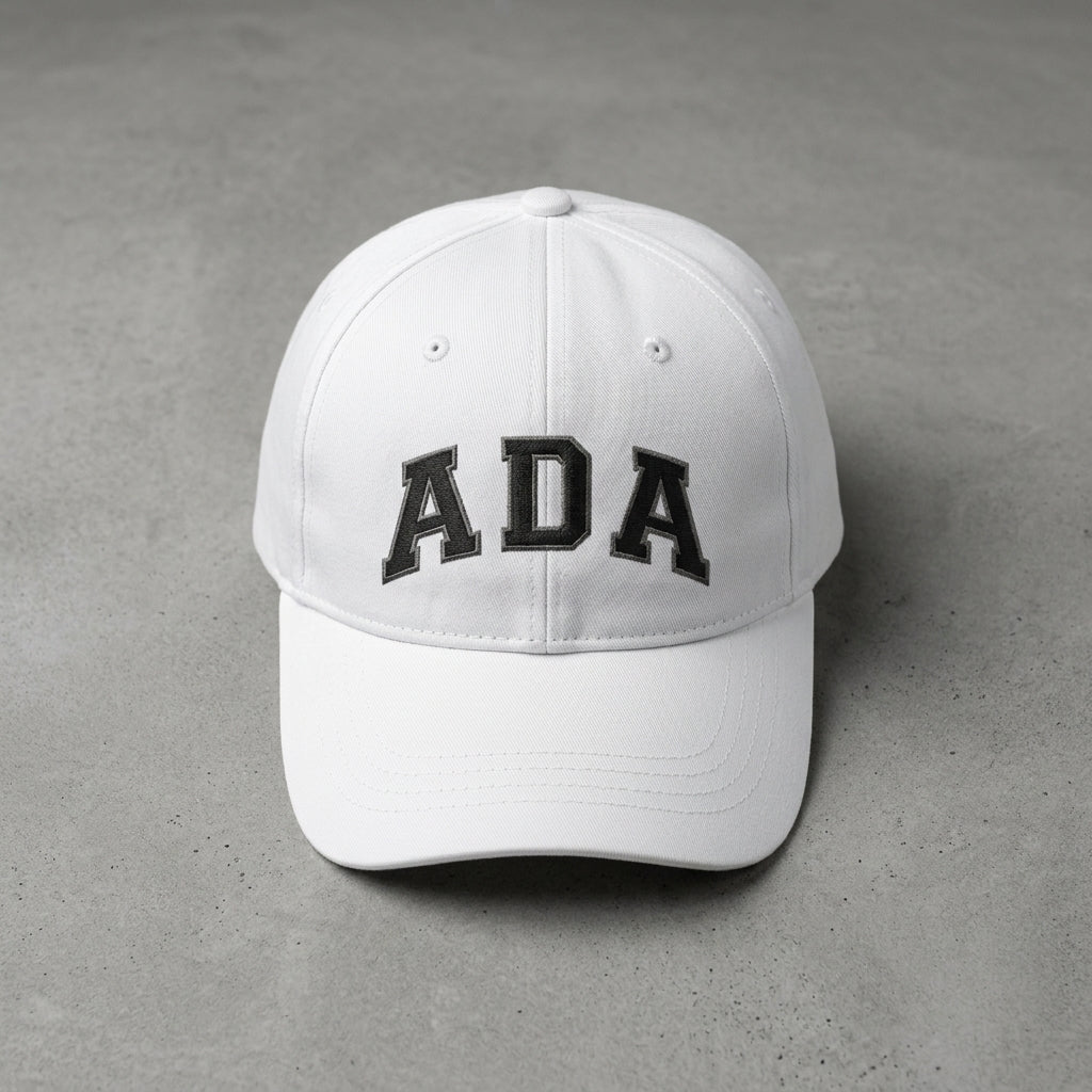 ADA Varsity Lettering Graphic Baseball Cap - Minimalist Trendy Streetwear Cap (White)