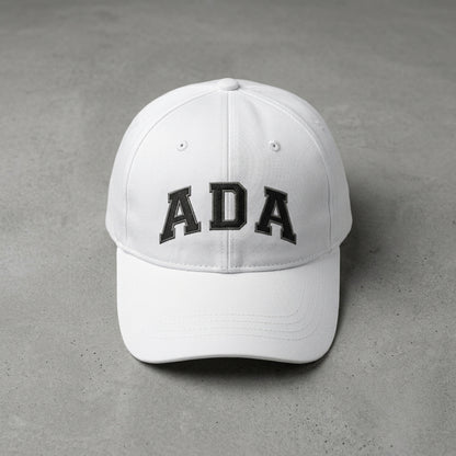 ADA Varsity Lettering Graphic Baseball Cap - Minimalist Trendy Streetwear Cap (White)