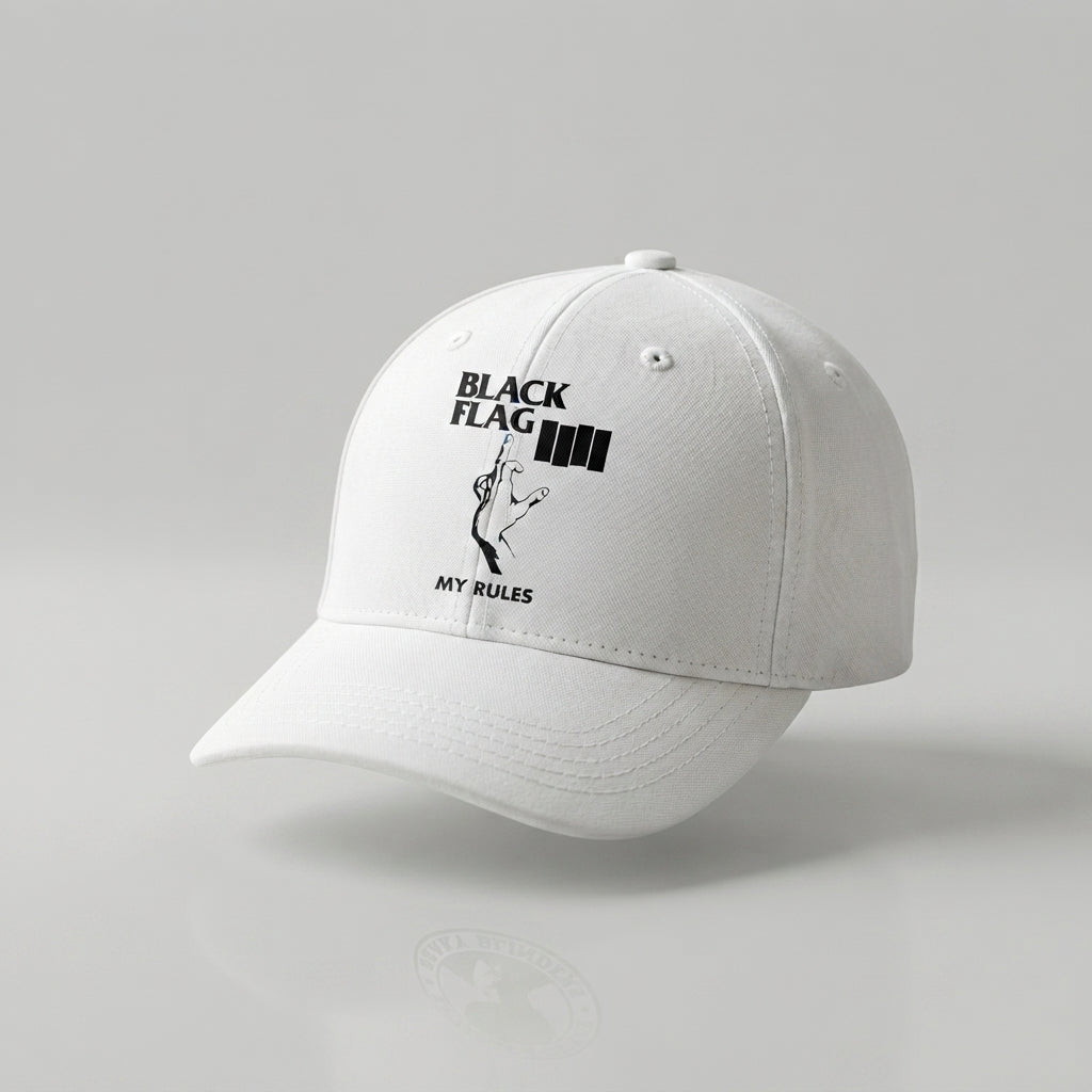Black Flag My Rules Four Bars Graphic Baseball Cap - Hardcore Punk Rock Band Cap (White)