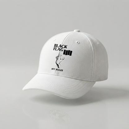 Black Flag My Rules Four Bars Graphic Baseball Cap - Hardcore Punk Rock Band Cap (White)