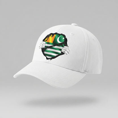 Kashmir Flag Ripped Chest Graphic Baseball Cap - Azad Kashmir Emblem Cap (White)