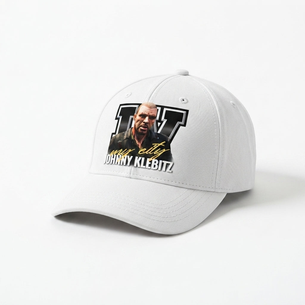 GTA Johnny Klebitz Graphic Baseball Cap - Grand Theft Auto IV Gaming Cap (White)