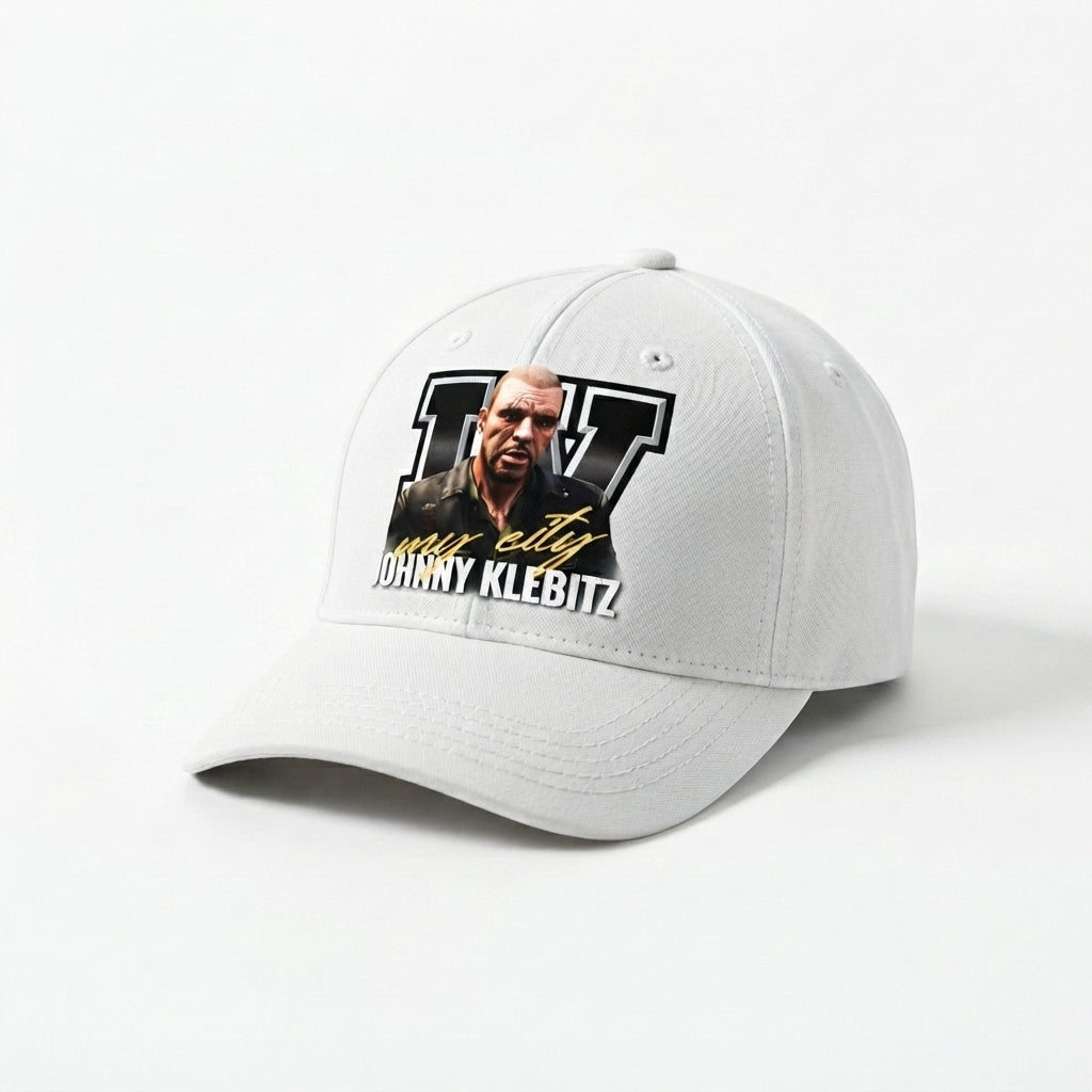 GTA Johnny Klebitz Graphic Baseball Cap - Grand Theft Auto IV Gaming Cap (White)
