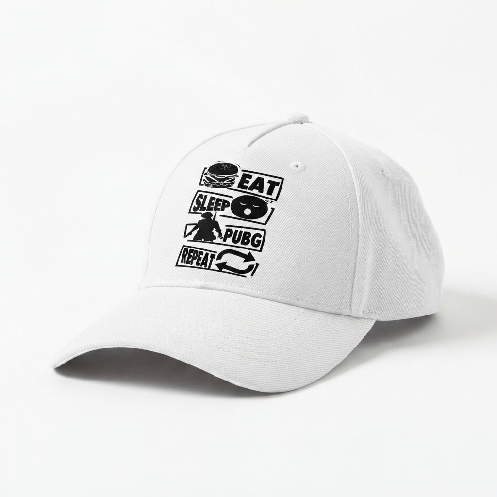 Eat Sleep PUBG Repeat Gaming Graphic Baseball Cap - Gamer Quote Cap (White)