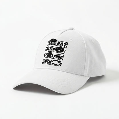 Eat Sleep PUBG Repeat Gaming Graphic Baseball Cap - Gamer Quote Cap (White)