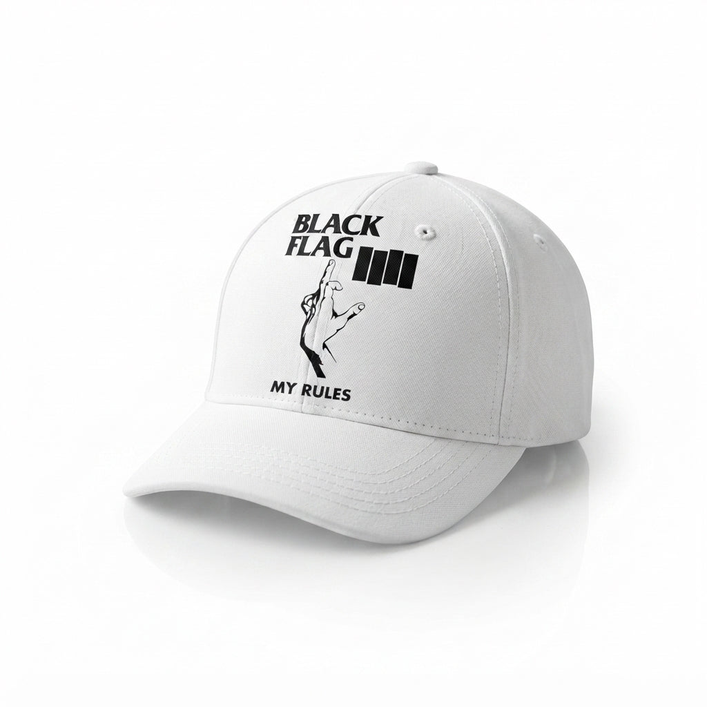 Black Flag My Rules Four Bars Graphic Baseball Cap - Hardcore Punk Rock Band Cap (White)