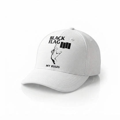 Black Flag My Rules Four Bars Graphic Baseball Cap - Hardcore Punk Rock Band Cap (White)