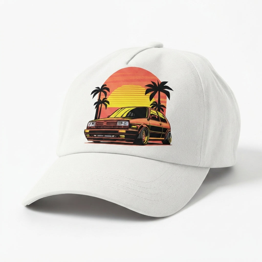 Retro Synthwave Sunset Car Graphic Baseball Cap - Vintage Japanese JDM / Euro Tuner Cap (White & Black)