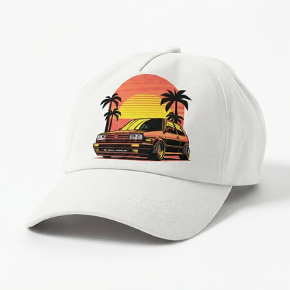 Retro Synthwave Sunset Car Graphic Baseball Cap - Vintage Japanese JDM / Euro Tuner Cap (White & Black)