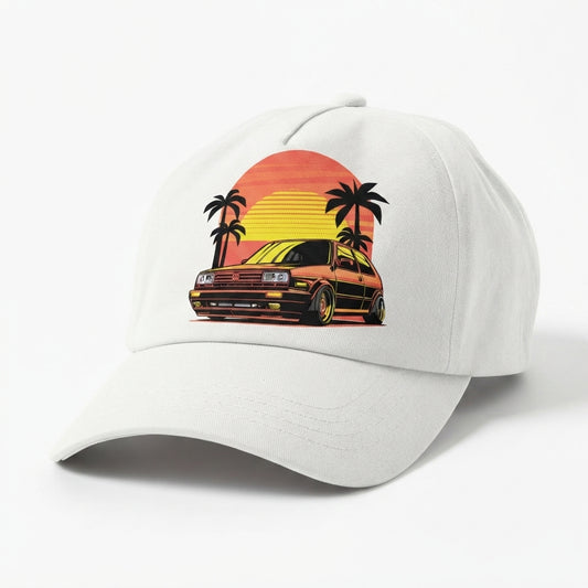 Retro Synthwave Sunset Car Graphic Baseball Cap - Vintage Japanese JDM / Euro Tuner Cap (White & Black)