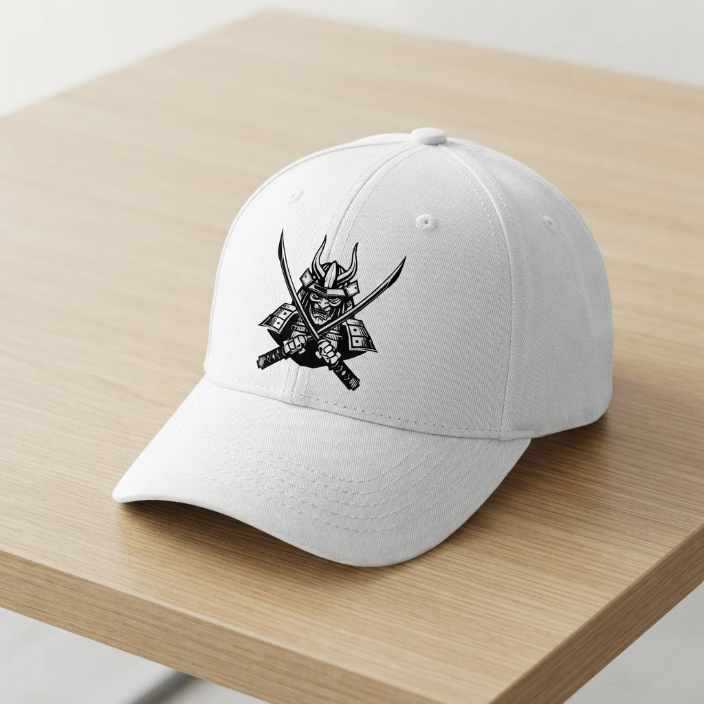 Japanese Samurai Horseback Warrior Graphic Baseball Cap - Martial Arts Culture Cap (White)