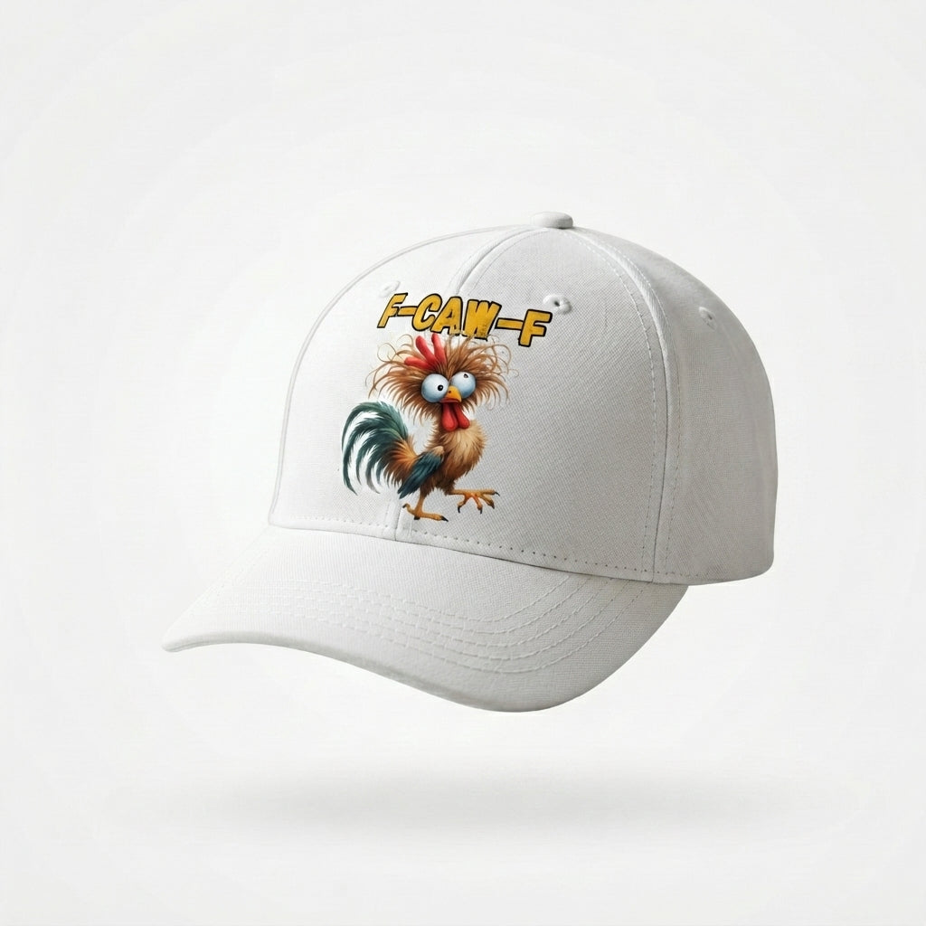 F-CAW-F Crazy Rooster Graphic Baseball Cap - Funny Animal Meme Cap (White & black)