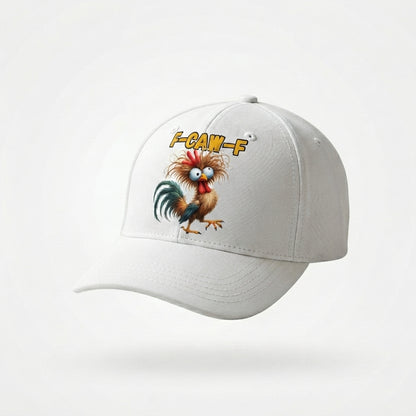 F-CAW-F Crazy Rooster Graphic Baseball Cap - Funny Animal Meme Cap (White & black)