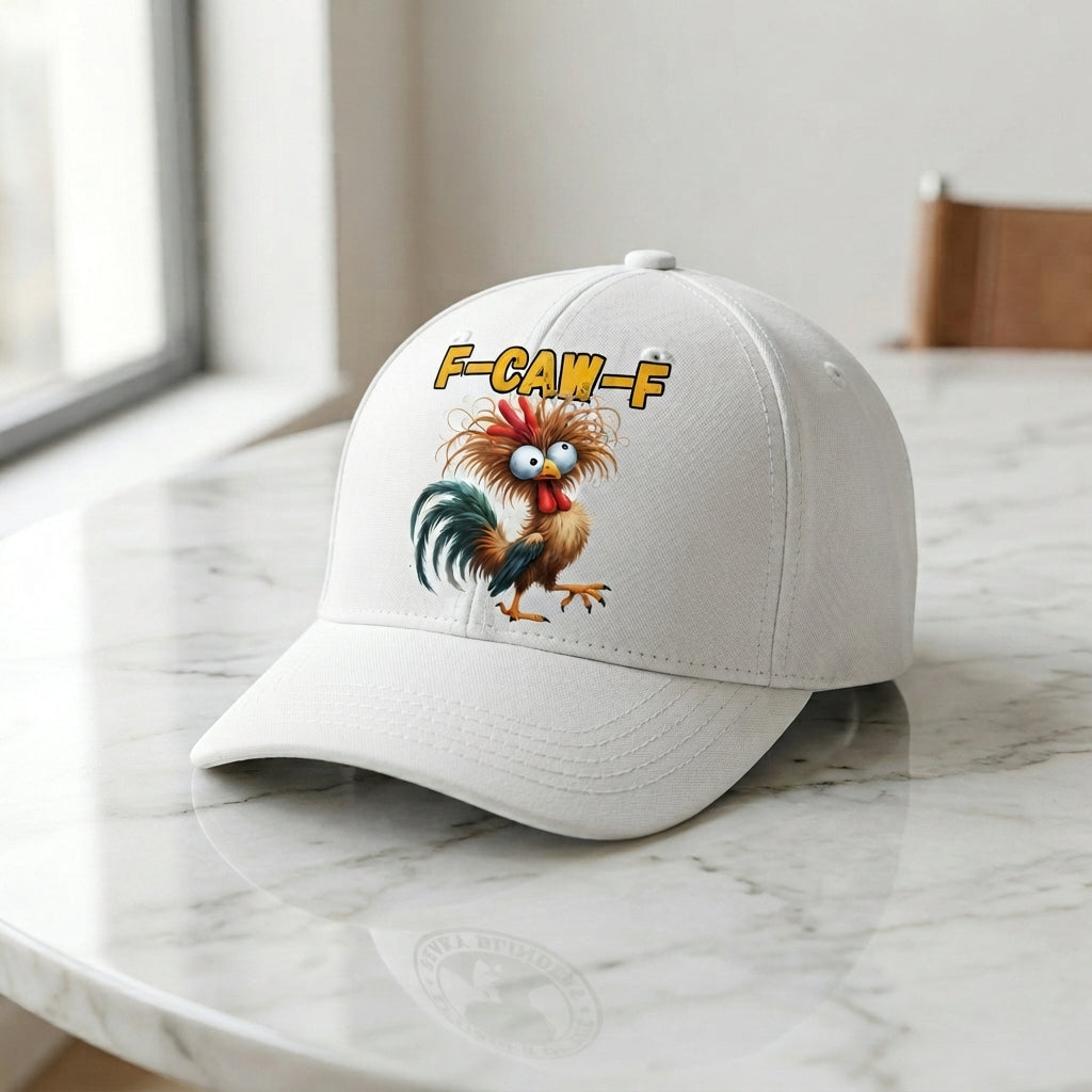 F-CAW-F Crazy Rooster Graphic Baseball Cap - Funny Animal Meme Cap (White & black)