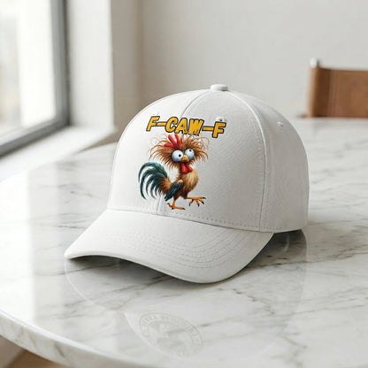 F-CAW-F Crazy Rooster Graphic Baseball Cap - Funny Animal Meme Cap (White & black)