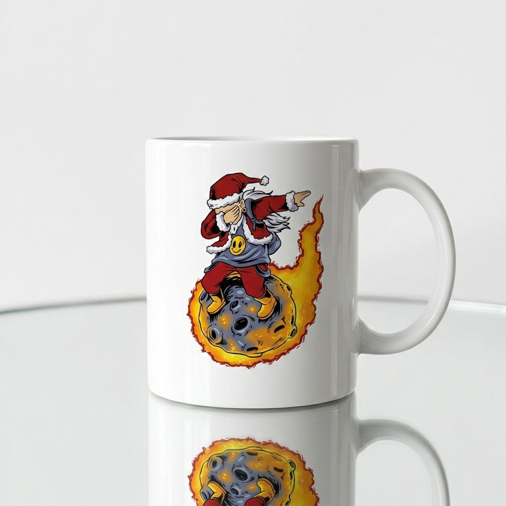 Funny Dabbing Santa Riding Meteor Coffee Mug 11oz - Space Fireball Christmas Ceramic Tea Cup - Novelty Holiday Gift
