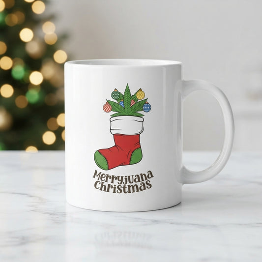 Funny Weed Christmas Coffee Mug - "Merryjuana Christmas" Stocking & Cannabis White Ceramic Tea Cup - Holiday Stoner Gift
