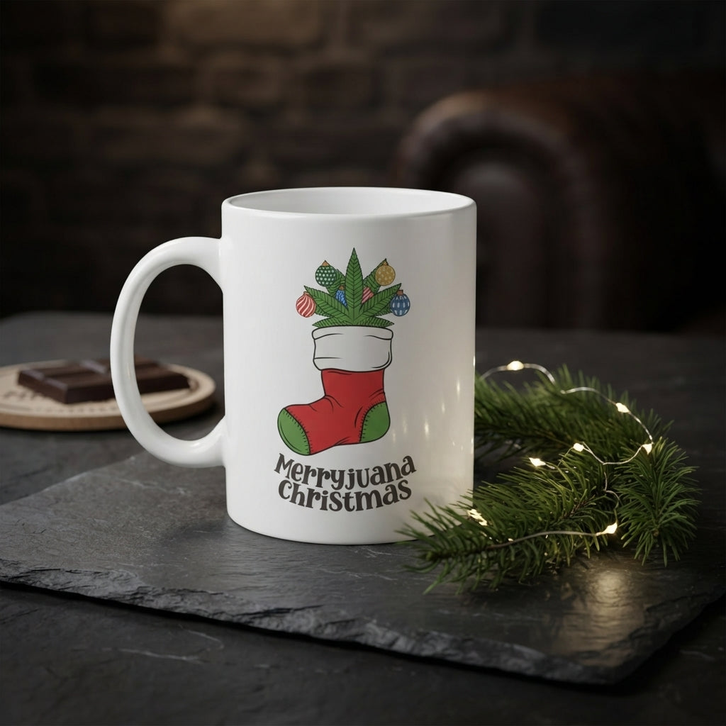 Funny Weed Christmas Coffee Mug - "Merryjuana Christmas" Stocking & Cannabis White Ceramic Tea Cup - Holiday Stoner Gift