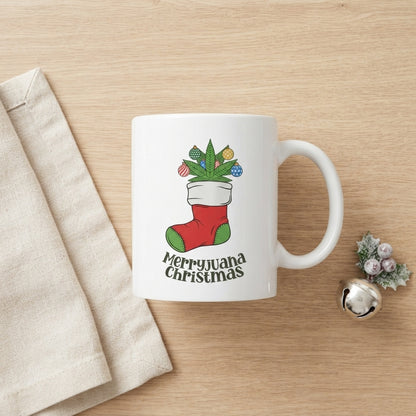 Funny Weed Christmas Coffee Mug - "Merryjuana Christmas" Stocking & Cannabis White Ceramic Tea Cup - Holiday Stoner Gift