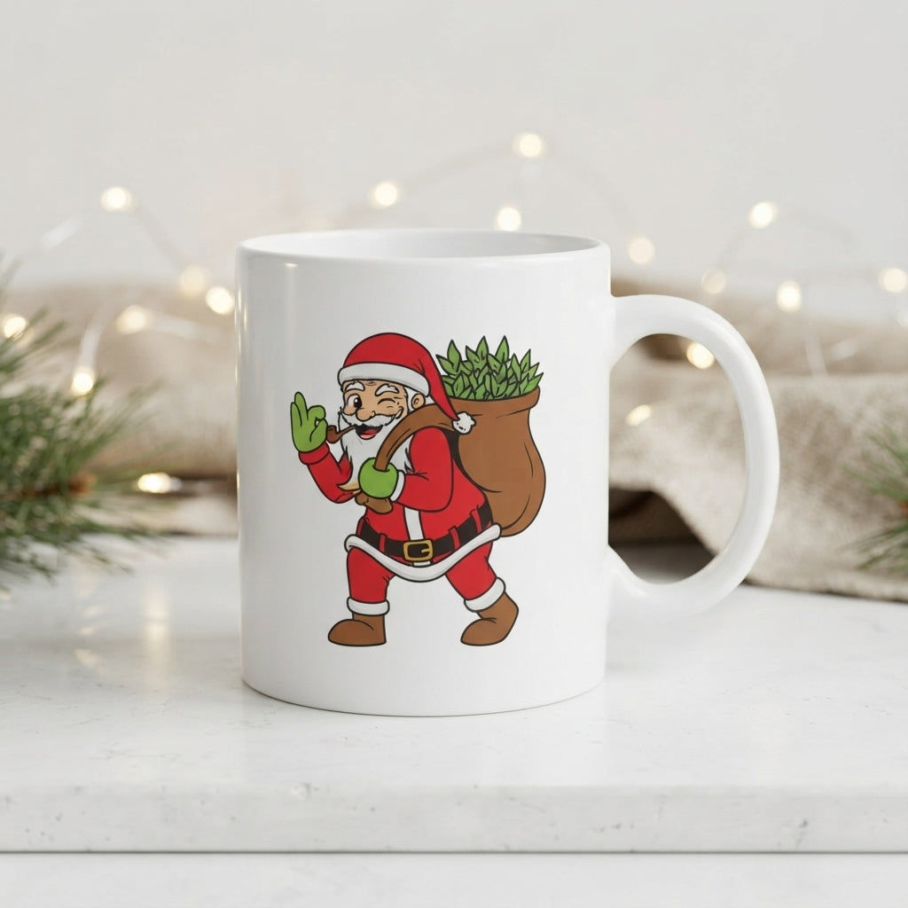 Funny Weed Santa Christmas Coffee Mug - Santa Claus Carrying Cannabis Bag White Ceramic Tea Cup - Holiday Stoner Gift