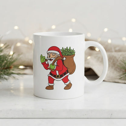 Funny Weed Santa Christmas Coffee Mug - Santa Claus Carrying Cannabis Bag White Ceramic Tea Cup - Holiday Stoner Gift