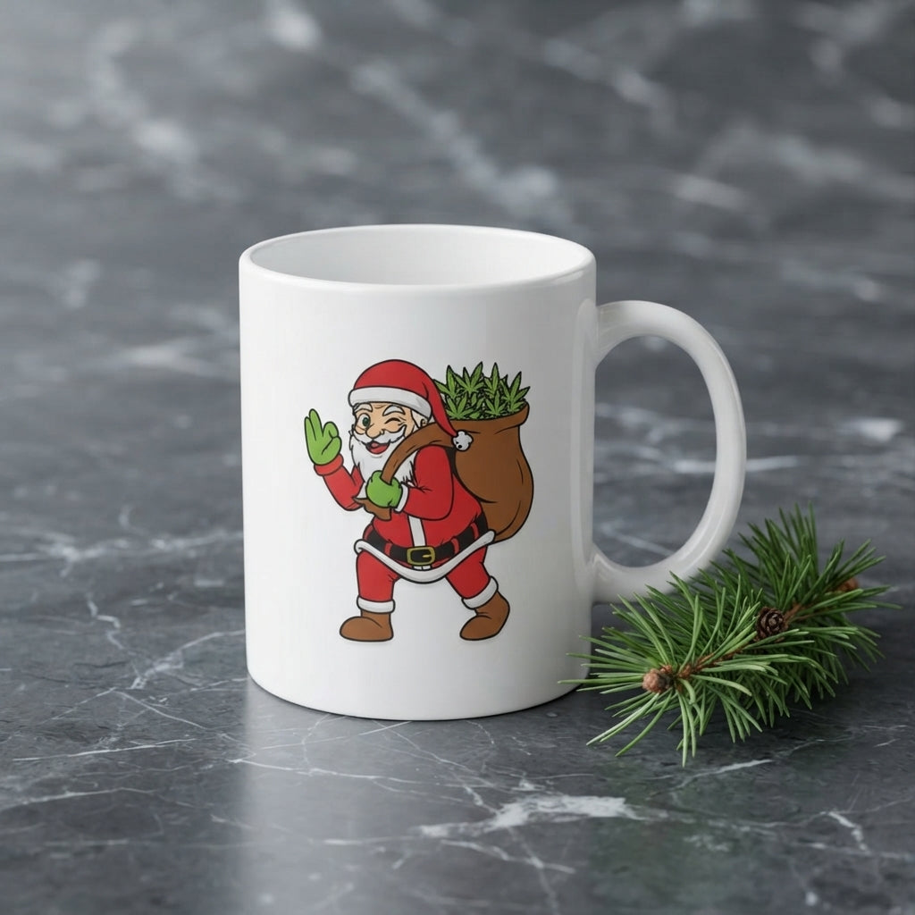 Funny Weed Santa Christmas Coffee Mug - Santa Claus Carrying Cannabis Bag White Ceramic Tea Cup - Holiday Stoner Gift