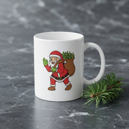 Funny Weed Santa Christmas Coffee Mug - Santa Claus Carrying Cannabis Bag White Ceramic Tea Cup - Holiday Stoner Gift