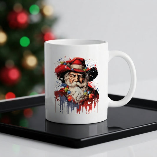 Vintage Santa Claus Christmas Coffee Mug - Watercolor Splash Art Ceramic White Tea Cup - Holiday Gift for Christmas Lovers