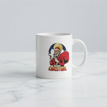 Cool Badass Santa Christmas Coffee Mug - Smoking Santa Claus White Ceramic Tea Cup - Funny Vintage Holiday Gift