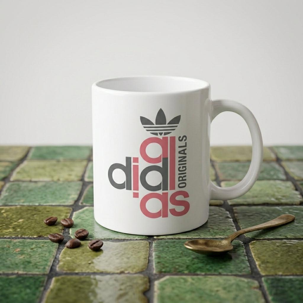Adidas Inspired Stacked Originals Pink & Grey Typography White Ceramic Cup - Trendy Parody Coffee Cup (11oz)