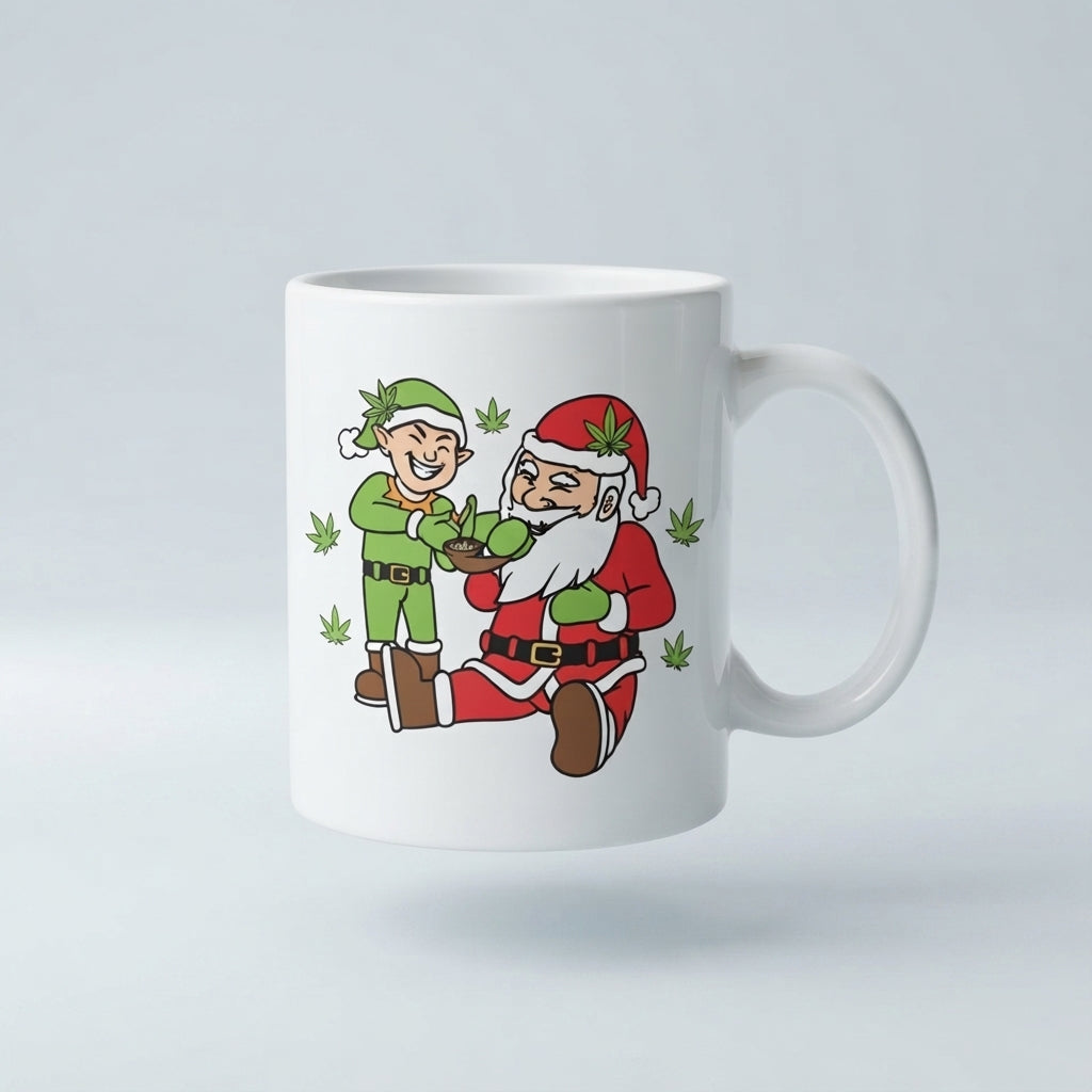 Funny Weed Santa & Elf Christmas Coffee Mug 11oz - Cannabis Leaf White Ceramic Tea Cup - Holiday Stoner Gift