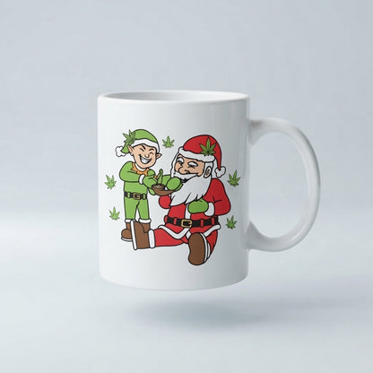 Funny Weed Santa & Elf Christmas Coffee Mug 11oz - Cannabis Leaf White Ceramic Tea Cup - Holiday Stoner Gift