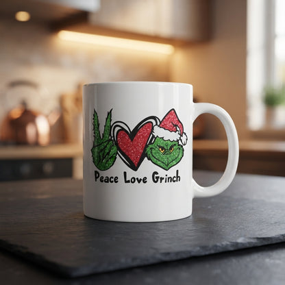 Peace Love Grinch Christmas Coffee Mug 11oz - Funny Holiday Green Hand & Heart White Ceramic Tea Cup - Festive Christmas Gift