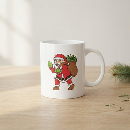 Funny Weed Santa Christmas Coffee Mug - Santa Claus Carrying Cannabis Bag White Ceramic Tea Cup - Holiday Stoner Gift