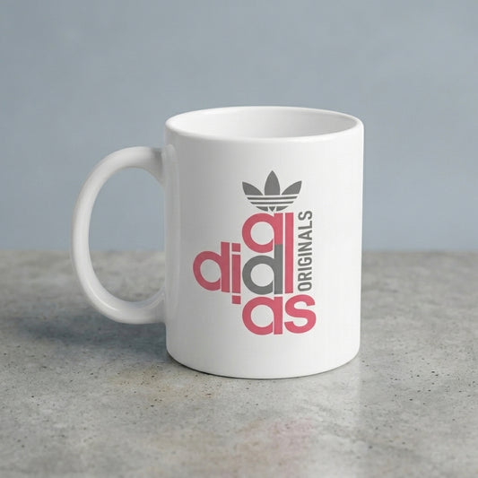 Adidas Inspired Stacked Originals Pink & Grey Typography White Ceramic Cup - Trendy Parody Coffee Cup (11oz)