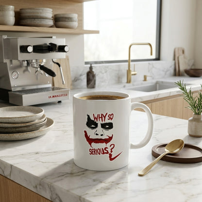 Why So Serious Villain Face Quote Premium White Ceramic Coffee Mug - Dark Aesthetic Graphic Printed Tea Cup for Movie Fans & Comic Lovers