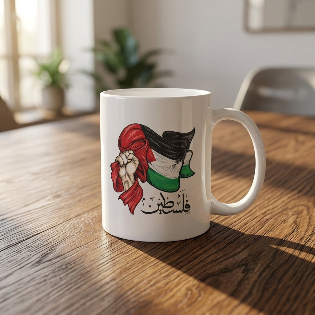 Palestinian Flag Raised Fist Art with Arabic Calligraphy White Ceramic Coffee Mug - Meaningful Solidarity Graphic Drinkware Cup (11oz)