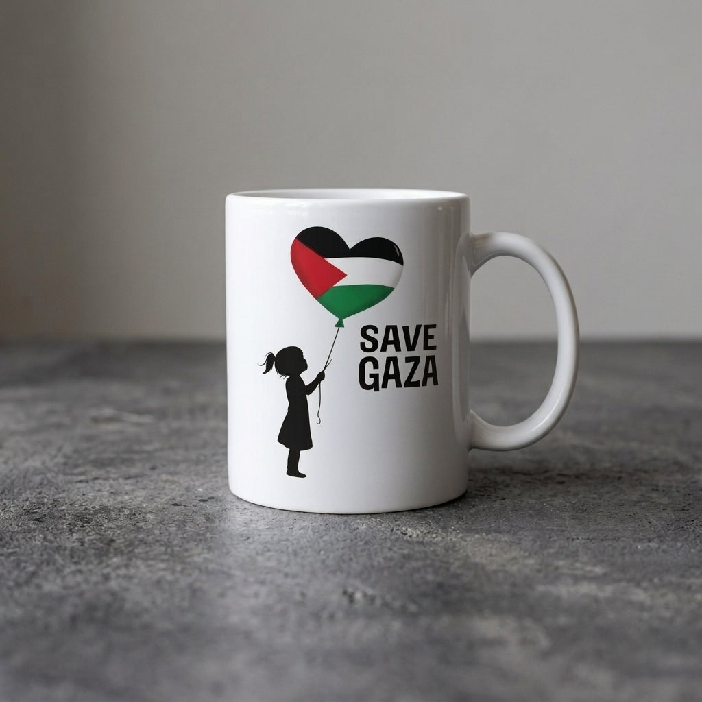 Save Gaza Girl with Palestine Heart Balloon White Ceramic Coffee Mug - Emotional Solidarity Graphic Drinkware Cup (11oz)