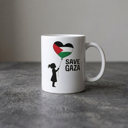 Save Gaza Girl with Palestine Heart Balloon White Ceramic Coffee Mug - Emotional Solidarity Graphic Drinkware Cup (11oz)