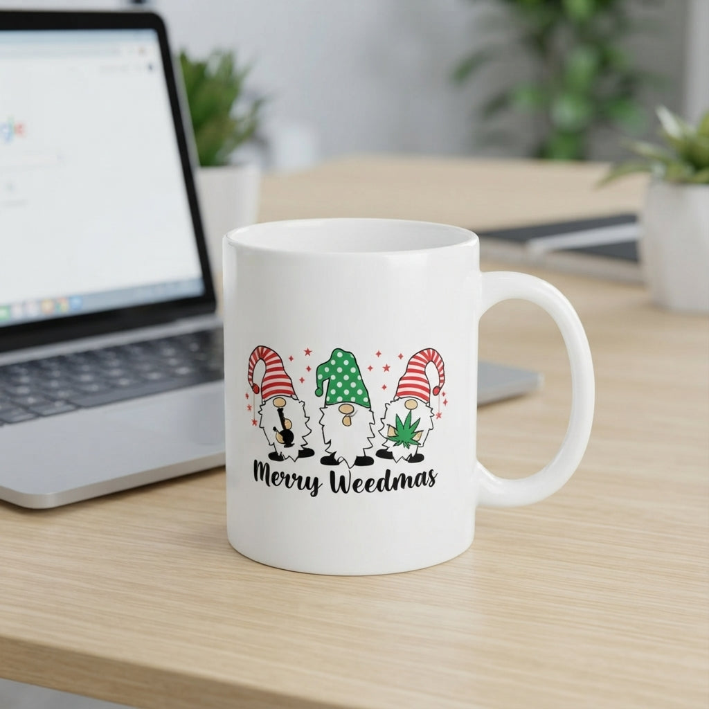 Funny "Merry Weedmas" Gnomes Christmas Coffee Mug 11oz - White Ceramic Tea Cup