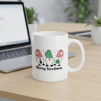 Funny "Merry Weedmas" Gnomes Christmas Coffee Mug 11oz - White Ceramic Tea Cup