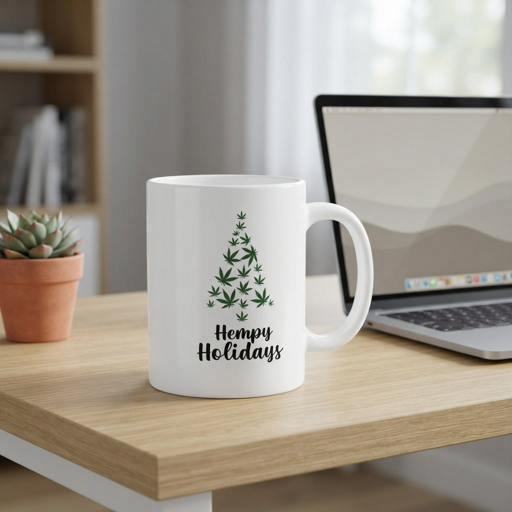 Funny "Hempy Holidays" Tree Christmas Coffee Mug 11oz - White Ceramic Tea Cup
