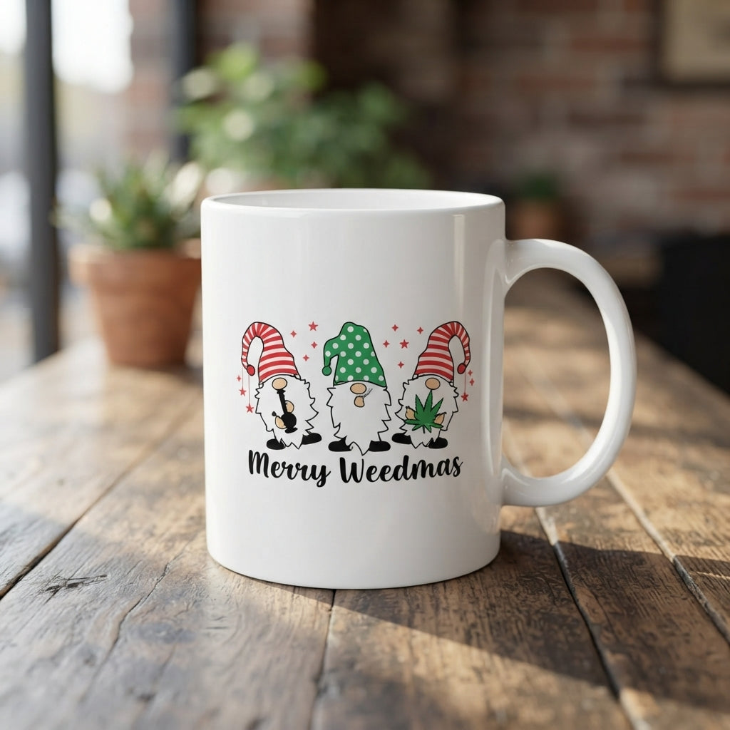 Funny "Merry Weedmas" Gnomes Christmas Coffee Mug 11oz - White Ceramic Tea Cup