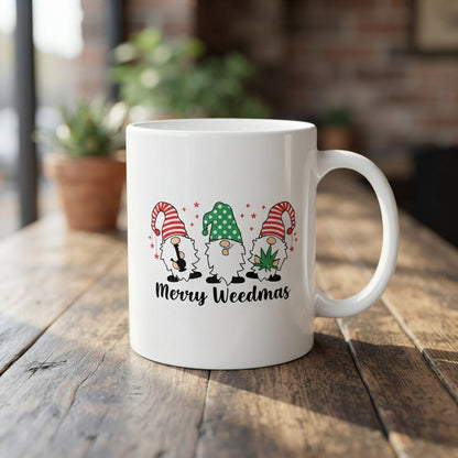 Funny "Merry Weedmas" Gnomes Christmas Coffee Mug 11oz - White Ceramic Tea Cup