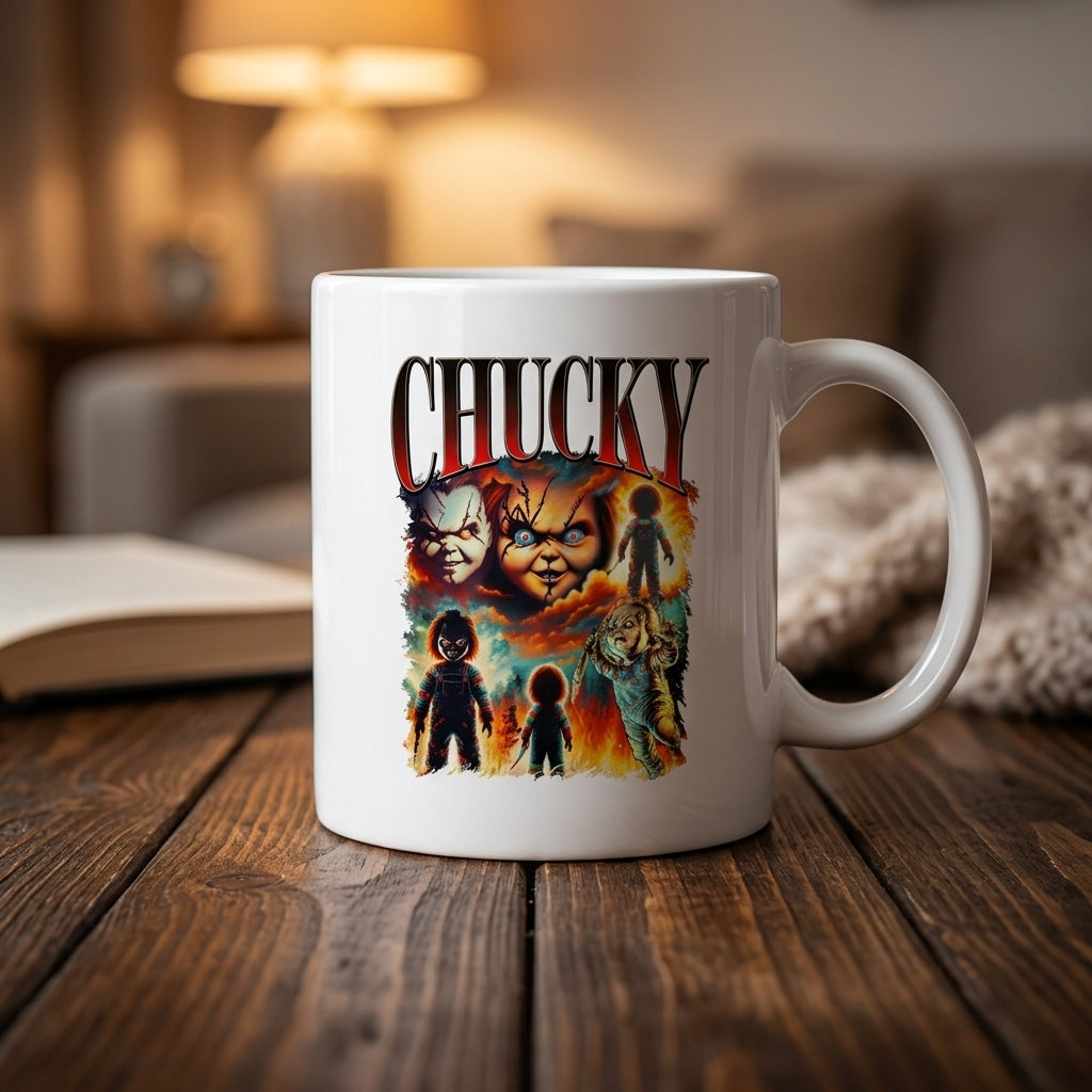 Chucky Child's Play Vintage Horror Movie Collage White Ceramic Mug - Spooky Killer Doll Halloween Coffee Cup (11oz)