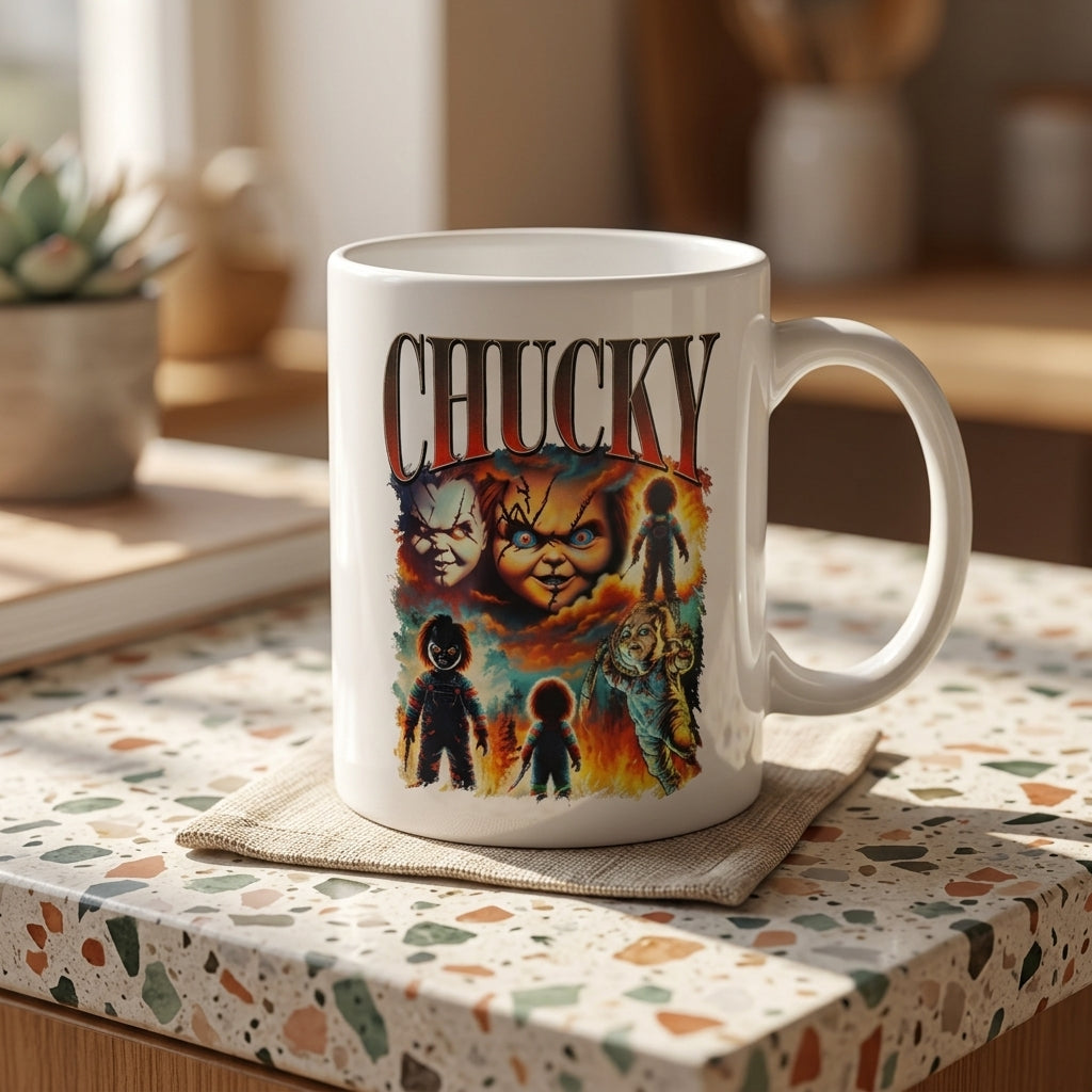 Chucky Child's Play Vintage Horror Movie Collage White Ceramic Mug - Spooky Killer Doll Halloween Coffee Cup (11oz)