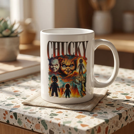 Chucky Child's Play Vintage Horror Movie Collage White Ceramic Mug - Spooky Killer Doll Halloween Coffee Cup (11oz)