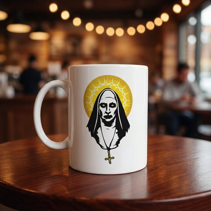The Nun Valak Spooky Golden Halo Graphic White Ceramic Mug - Creepy Conjuring Horror Movie Coffee Cup (11oz)
