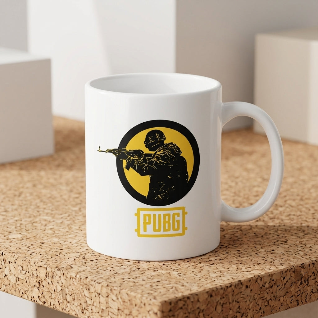 PUBG Yellow Emblem Player Graphic Ceramic Coffee Mug 11oz Premium White Battle Royale Gaming Cup Gift for Gamers
