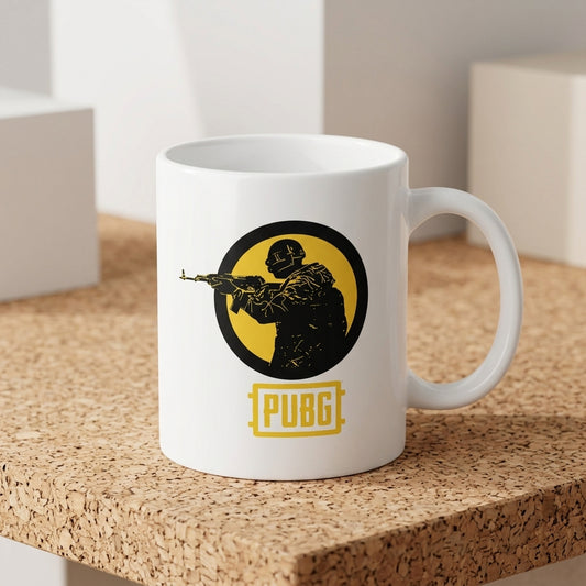 PUBG Yellow Emblem Player Graphic Ceramic Coffee Mug 11oz Premium White Battle Royale Gaming Cup Gift for Gamers